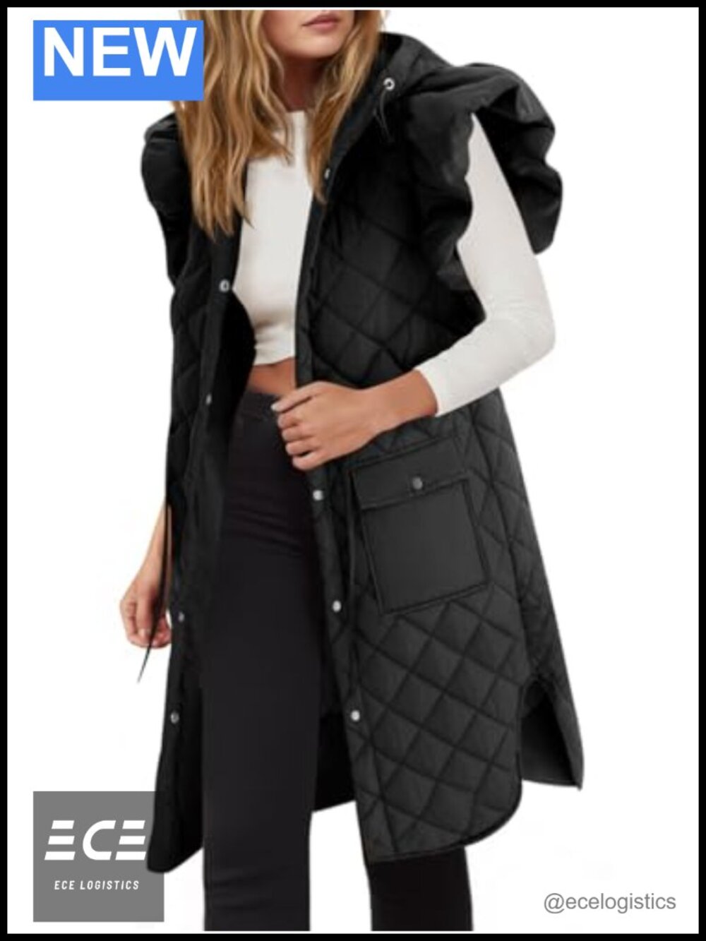 Long Puffer Vest Hooded Quilted Sleeveless Winter Jacket